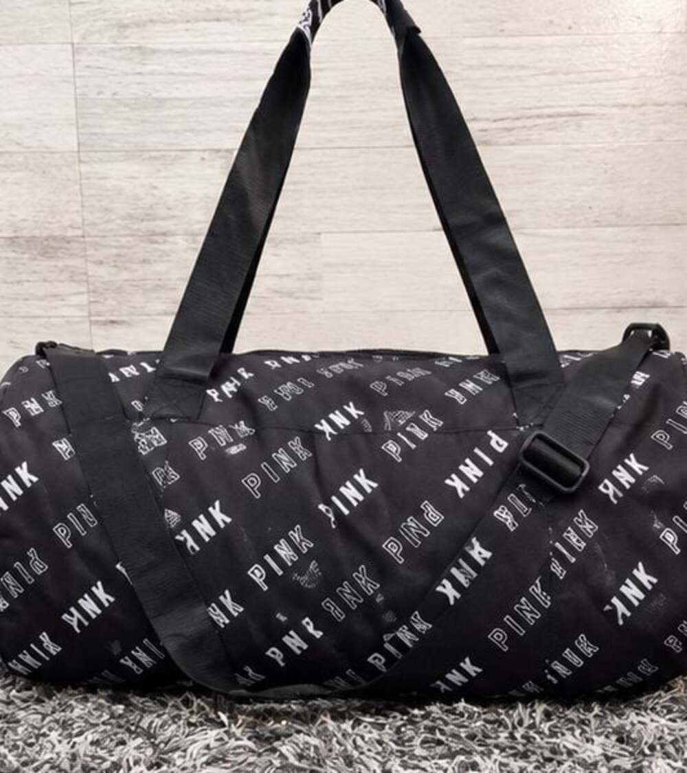 Victoria's Secret PINK Black and White All-Over Logo Duffle Weekender Bag